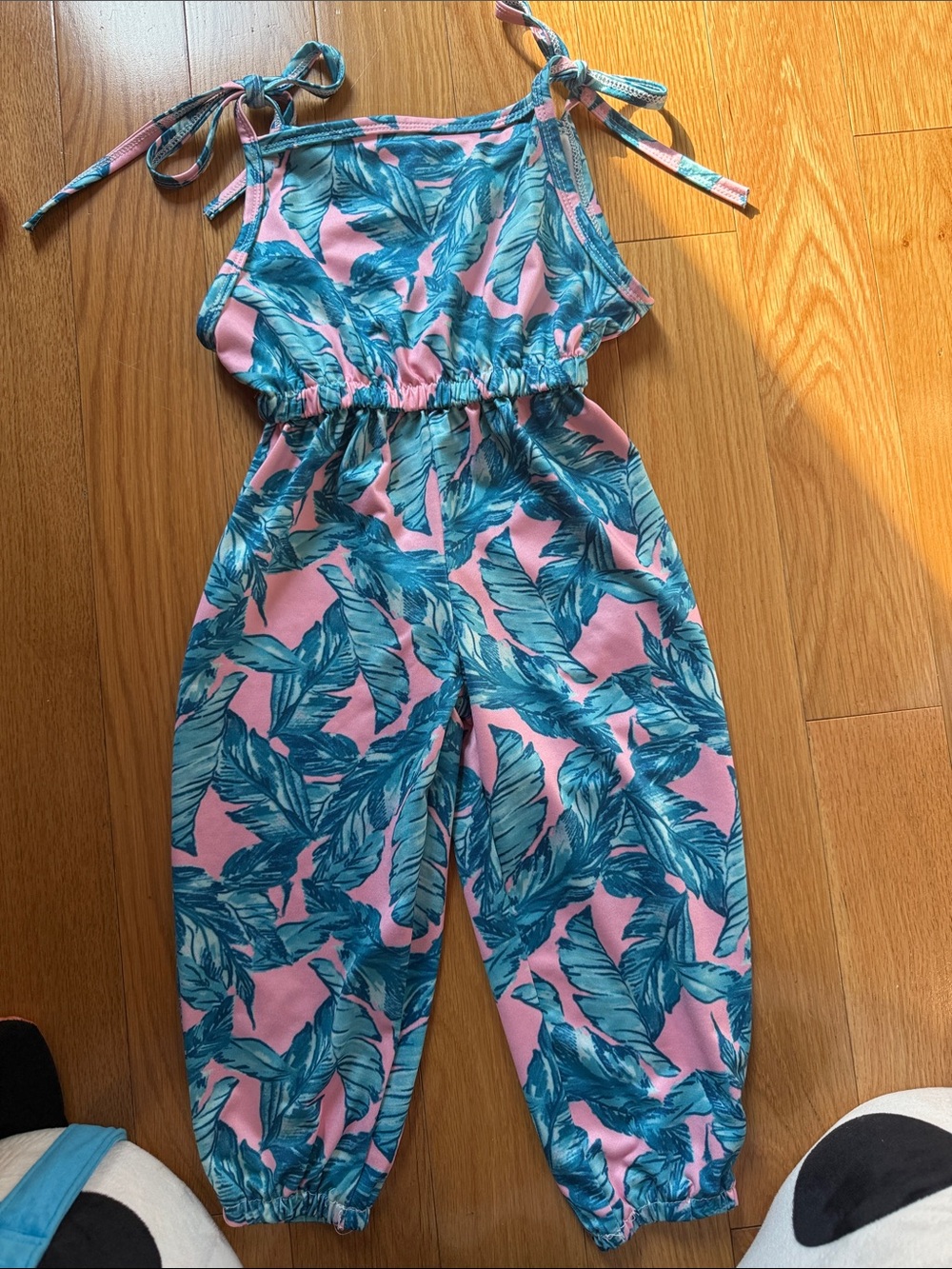 Bowtism Girls Pink and Teal Leaf-Print Jumpsuit